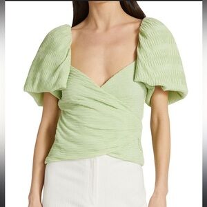 Jonathan Simkhai Light Green Plisse Knit Puff Sleeve Top Size 8